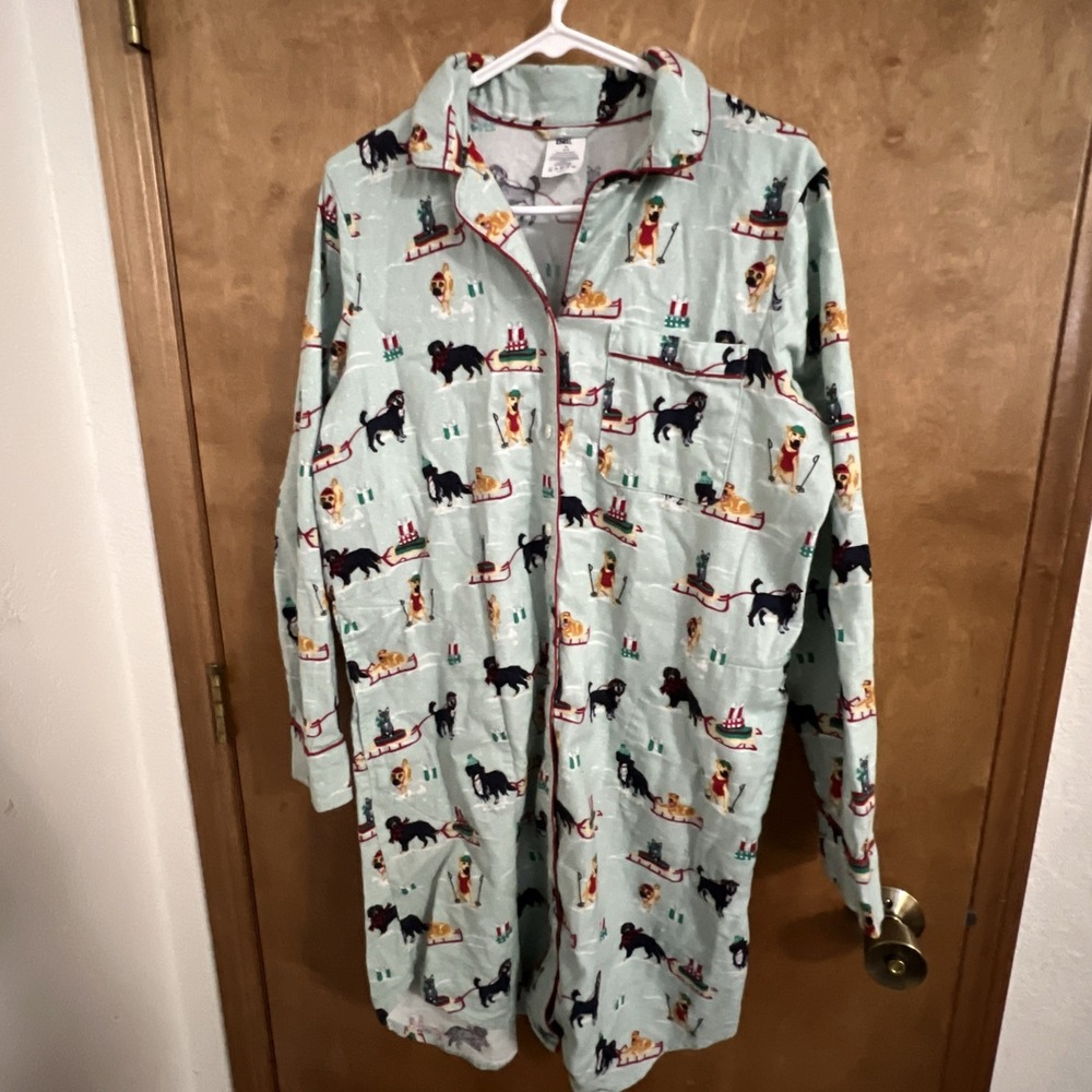 Land's End Blue Red Black Holiday‎ Dogs Sleds Cotton Pajama Shirt Medium M 10 12
